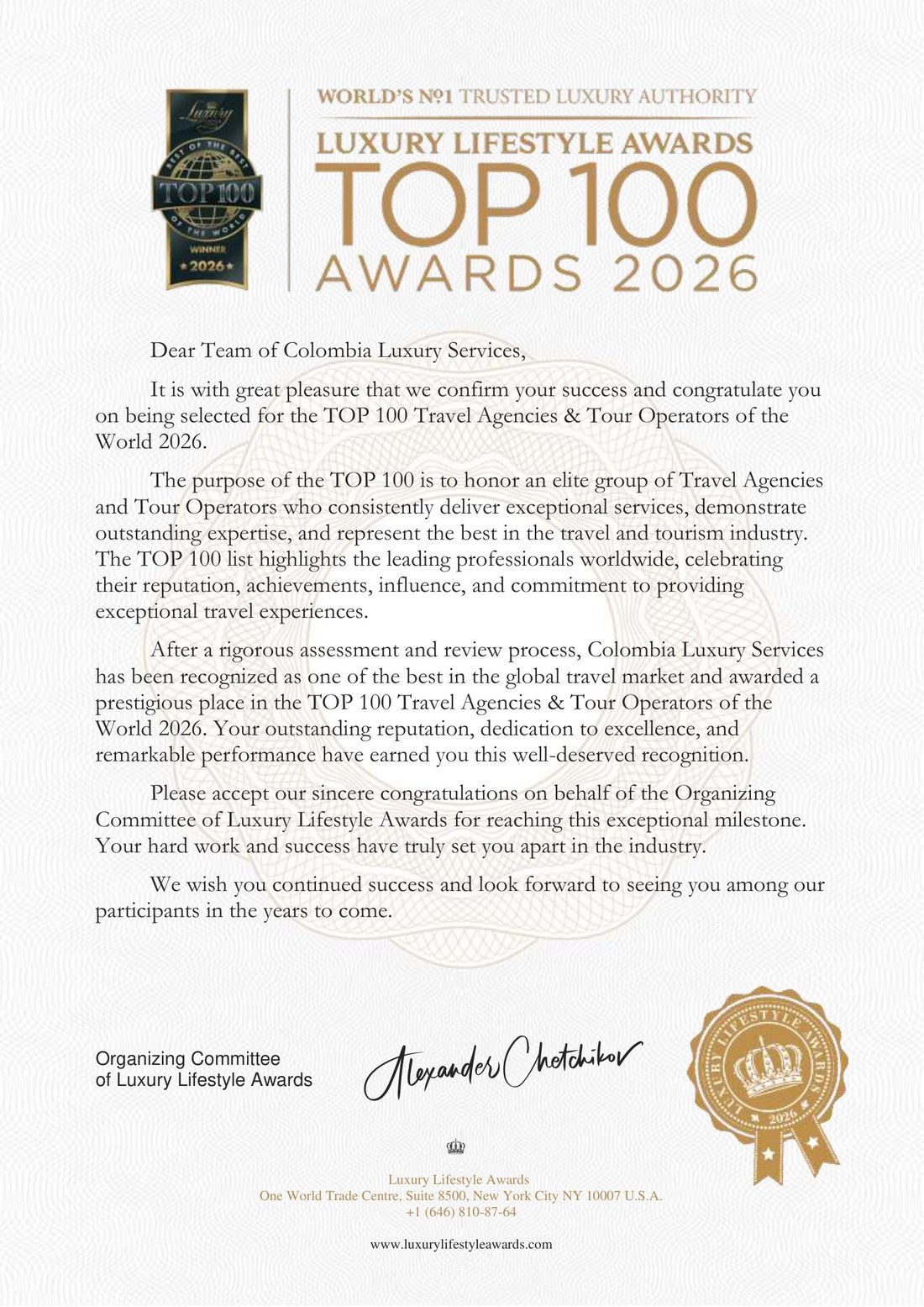 Colombia Luxury Services, ganadora — Top 100 Agencias y Operadores de Viajes del Mundo 2026