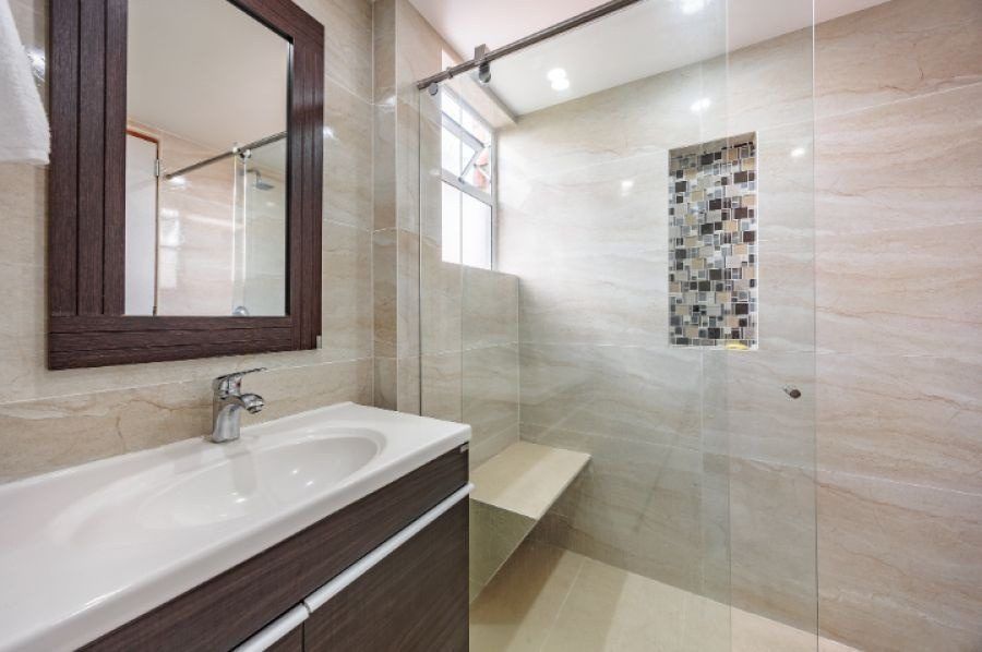 Bathroom vanity and shower at Balcony apartment, Medellin