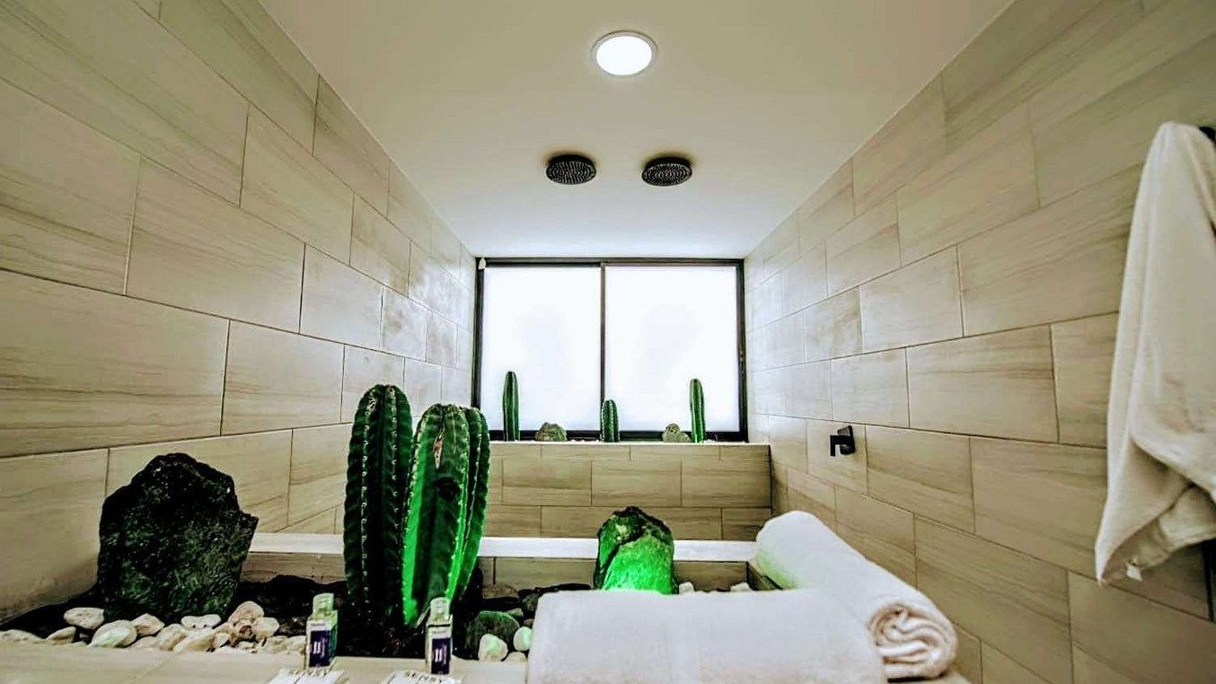 Bathroom with soaking tub and cactus decor at White Mansion, Medellin